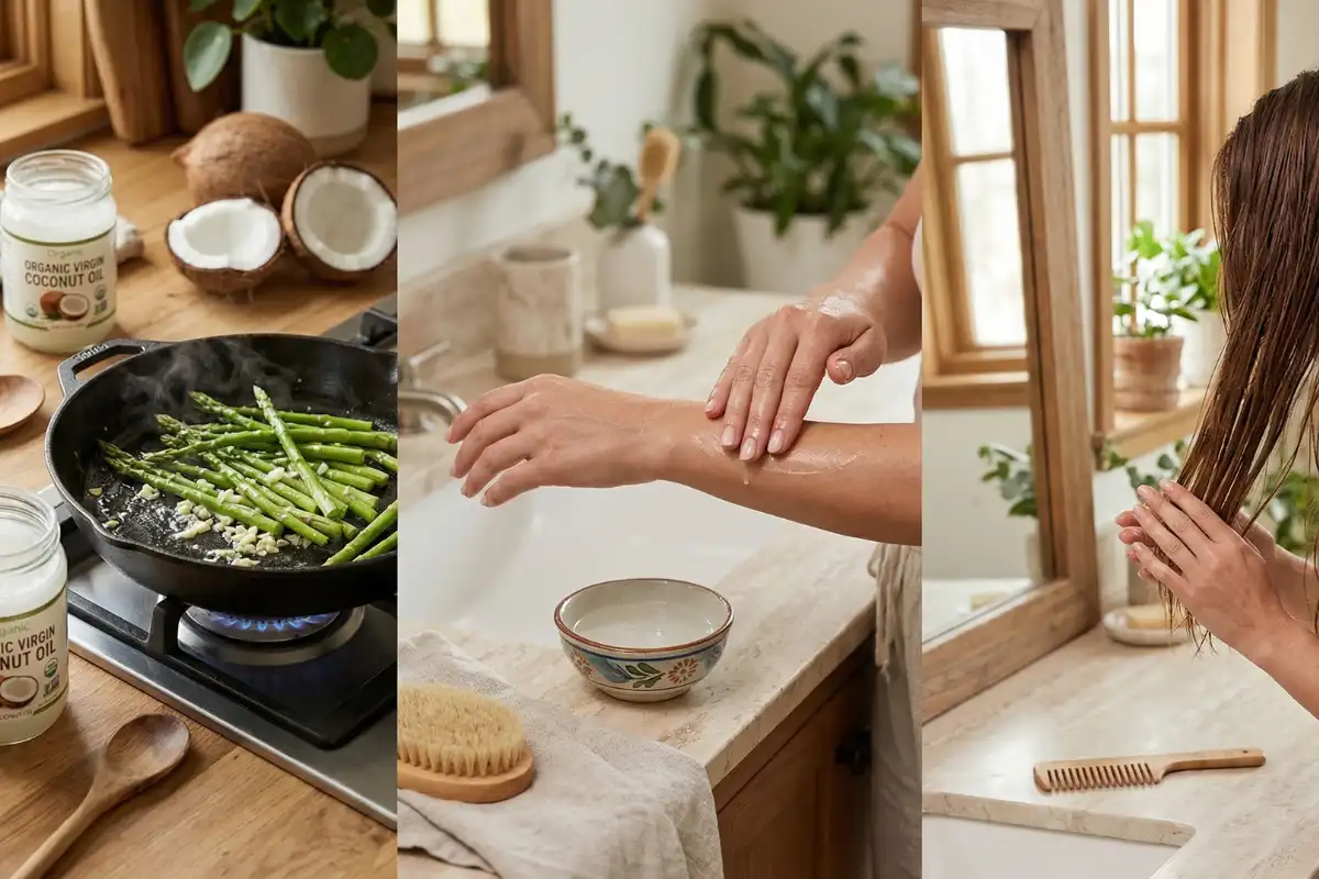 Huile de coco vierge biologique : comment l'intégrer dans une routine naturelle peau, cheveux et cuisine